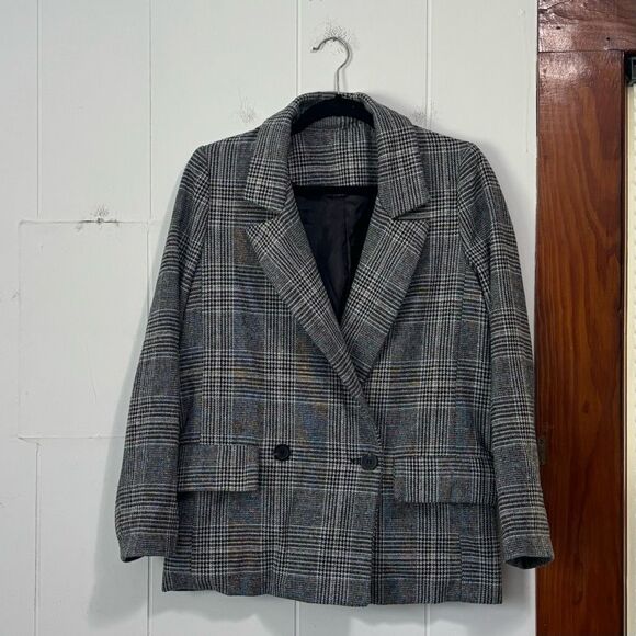 Mink Design Plaid Gray Blue Oversized Blazer Small Dark Academia - Picture 1 of 4
